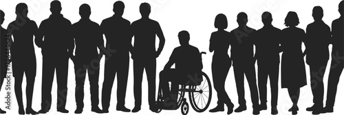 Diverse group silhouette, inclusion concept, wheelchair representation, accessibility awareness, equality theme, black and white minimal design, social unity illustration