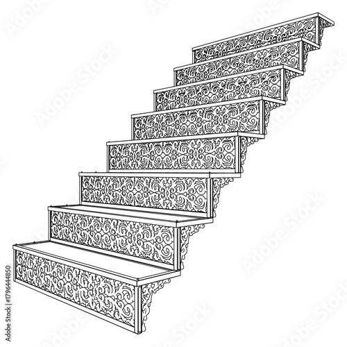 Ornamental Stair Steps Vector. Decorative Retro Vintage Stairs That Use Metal In Their Design. Illustration Isolated On White Background. 