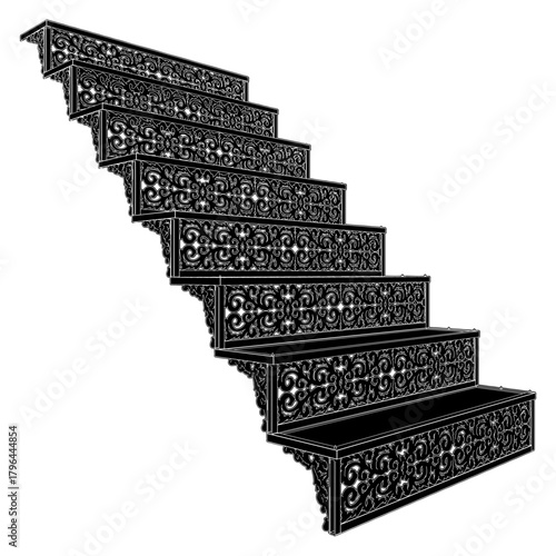 Ornamental Stair Steps Vector. Decorative Retro Vintage Stairs That Use Metal In Their Design. Illustration Isolated On White Background. 