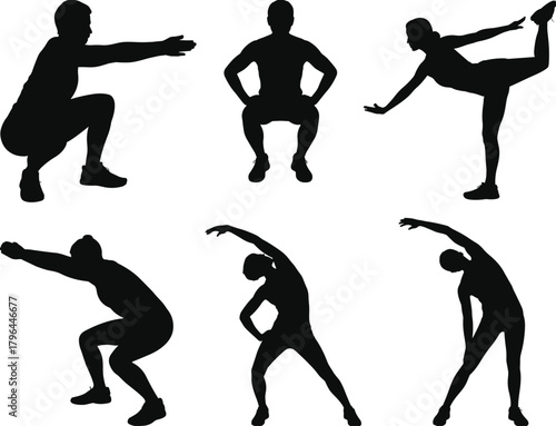 Exercise silhouette set, stretching and squatting poses, fitness icon, black vector illustration, physical activity figure, wellness theme, white background