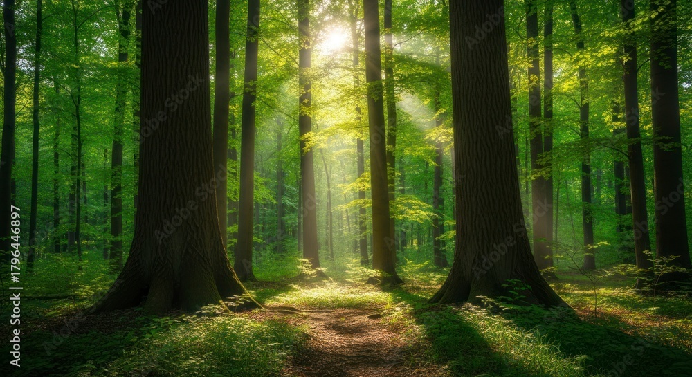 Obraz premium Sunlight streams through the trees in a lush forest, creating a serene and vibrant atmosphere.