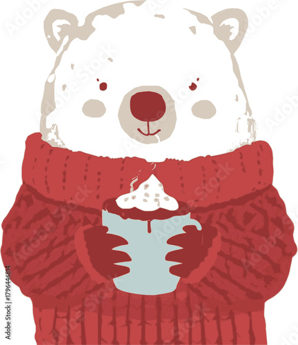 Charming polar bear character bundled up in a red sweater with a steamy mug of hot chocolate