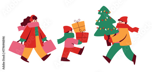 Families enjoying winter holidays and winter shopping