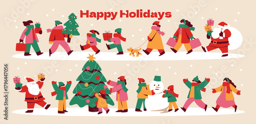 Illustration set of people enjoying the winter holidays and Christmas