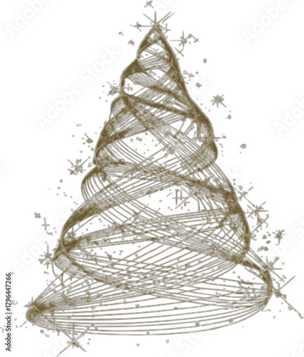 Abstract sparkling Christmas tree created from swirling golden lines, a modern and elegant festive holiday graphic illustration