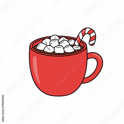 Festive red mug with candy cane christmas hot beverage holiday icon for seasonal winter drink cozy celebration or cafe branding
