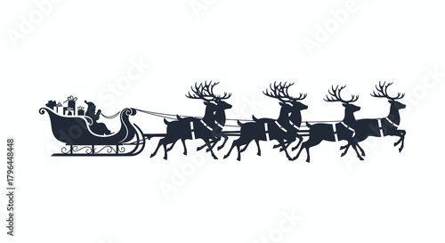 Silhouette of santa claus and reindeer pulling sleigh through snowy forest at christmas