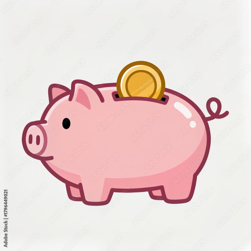 Fototapeta premium A cute pink piggy bank with a coin placed on top ready for saving money