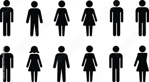 Gender icon set, male female symbols, public signage figures, restroom silhouettes, inclusive design, vector people, simplified human shapes