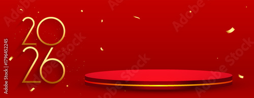 3d podium stand 2026 golden text new year banner