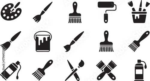 Black artistic tools display various paintbrushes, paint rollers, an easel, and paint cans isolated