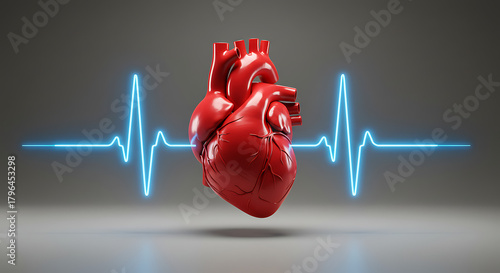 Glossy red heart floats mid-air, set against a glowing blue heartbeat line in a dim studio, serene.!
