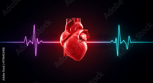 A glowing red heart sits at center, flanked by neon heartbeat lines in purple and cyan,  vivid bold