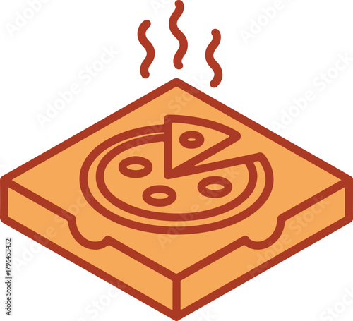 Pizza box vector icon with hot pizza inside and a missing slice, representing food delivery or takeout service