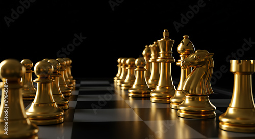 Golden chess pieces align along a glossy board, dramatic perspective against a black backdrop, glow
