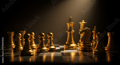 Golden chessboard pieces glow under dramatic top light, kings and pawns align in reverence. crowned