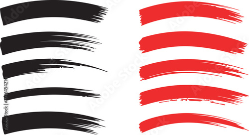 Several expressive brushstrokes in contrasting black and red hues create dynamic visuals against white background