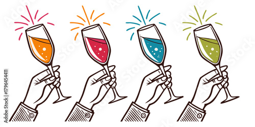 Hands clinking glasses for a celebratory toast, flat vector illustration on transparent Background. Set of hands holding colorful wine glasses and toasting. Cheers People celebrating an event together
