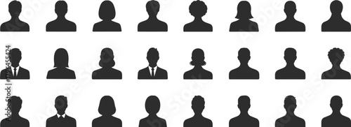 Human figure silhouettes, diverse avatar icons, black vector people, demographic representation, posture variation, clothing styles, isolated graphic asset, identity illustration