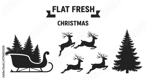 Christmas silhouette icons featuring a sleigh full of trees and reindeer in motion
