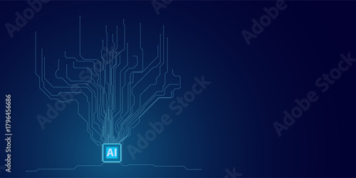 Abstract digital blue globe and AI chip in the center. Technology innovation background. AI processor with circuit roads in light blue with bright neon effect. Futuristic polygonal vector illustration