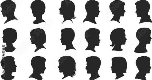 Human head silhouettes, hairstyle profiles, black icons, side view heads, diverse styles, male female shapes, character design reference