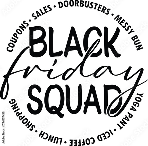 Black Friday Squad with shopping cart icons and fun typography, vector illustration