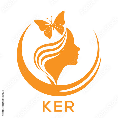 KER Elegant Woman Beauty Logo with Butterfly. KER Feminine Hair Salon Branding. KER Modern Beauty Icon.
