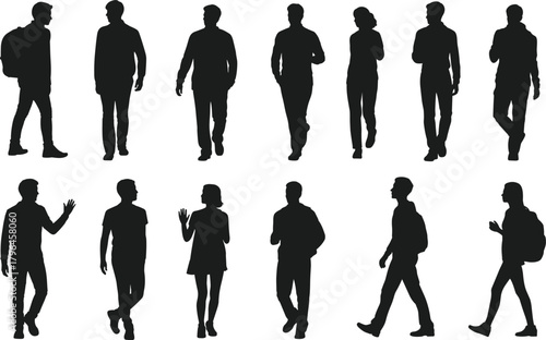 Human silhouette, walking, standing, pose, figure, casual, backpack, gesture, icon, vector, black, white, minimal, people, motion, attire, frontal, profile, graphic, design