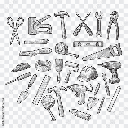 Construction Tools Vector Set – Hand-Drawn Line Art Tool Icons Collection Industrial Construction Tools Vector Pack – Thin Line Symbols