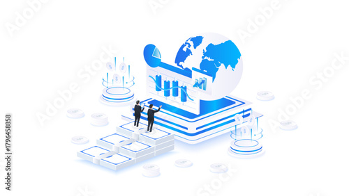 Isometric stock market global business analytics illustration with businessmen analyzing financial charts, digital earth, and data visualization in blue futuristic style