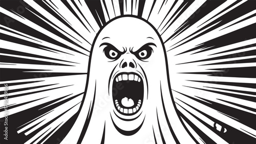 Screaming ghost vector illustration with menacing face and radiating lines on a dark background
