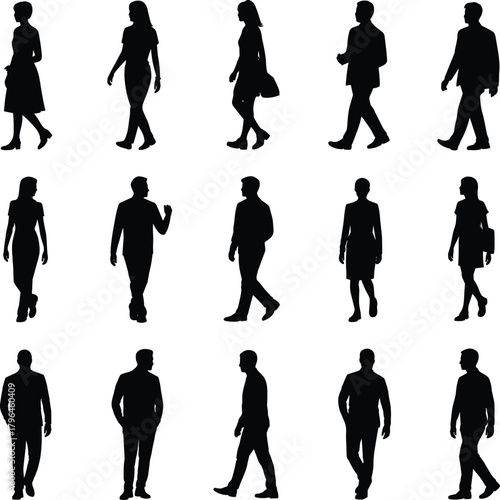 Human silhouette, walking, standing, pose, figure, casual, business, icon, vector, black, white, minimal, people, profile, frontal, attire, motion, static, graphic, design