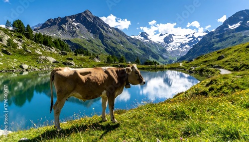 Fototapeta Naklejka Na Ścianę i Meble -  A serene summer scene. A cow stands by a tranquil lake surrounded by lush green grass, rocky terrain, and majestic snow-capped mountains. The sky is clear blue
