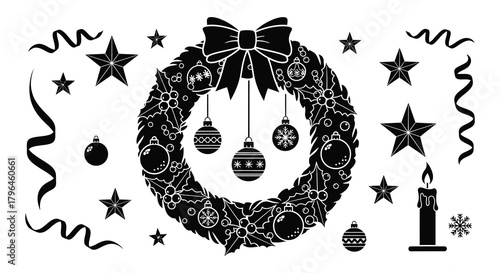 Black and white illustration of a festive christmas wreath with ornaments stars ribbons and a candle