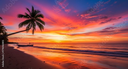 Vibrant Tropical Sunset Over a Serene Ocean Beach with Palm Tree Silhouette.