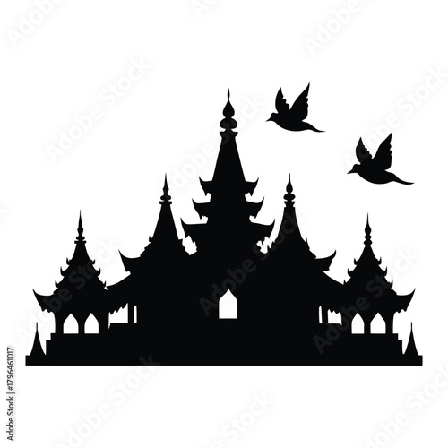  Thai Temple Silhouette with Stupas and Birds 