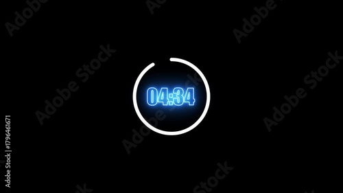 Blue Neon Timer 05:00 Displayed Within a White Circle on Black Background countdown clock