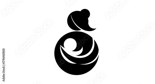 Stylized mother cradling baby icon, black silhouette on white