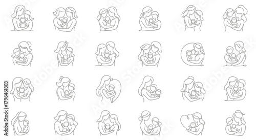Motherhood and family love line art icon set for modern design