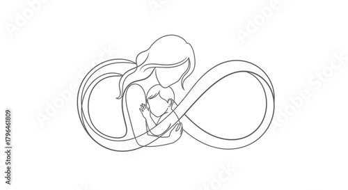 Mother holding baby in infinity symbol line art illustration.