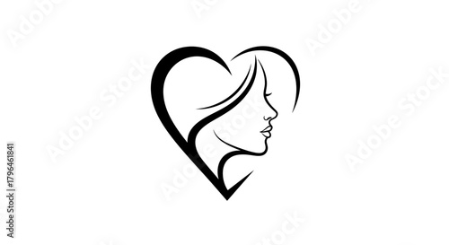 Stylized woman profile in heart shape, love and beauty concept