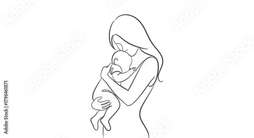 Minimalist line art illustration of a loving mother embracing her newborn infant.