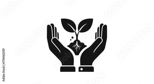 Caring hands protect new seedling growth icon, environmental support