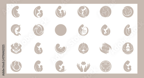 Maternity and pregnancy icon set, mother and baby care symbols.
