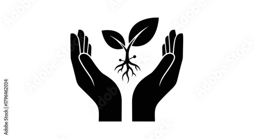 Hands protecting young plant with roots, symbolizing growth and care