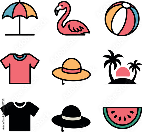 Beach vacation icons including flamingo beach ball umbrella and watermelon summer