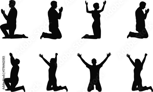 Kneeling silhouette vector, prayer and celebration poses, spiritual emotion, worship gesture, black figure art, human devotion, praise illustration, stock design