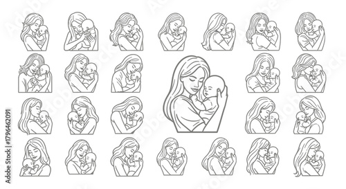 Mother and baby love, embrace, care, minimalist line art set.