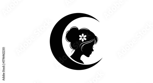 Elegant woman silhouette with flower and crescent moon design